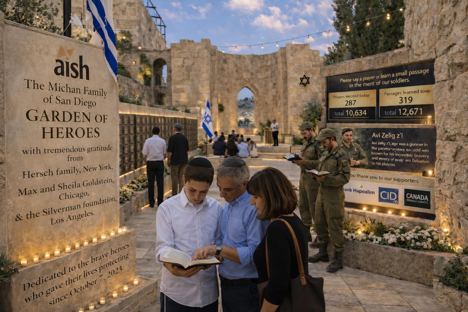 Visitors at the Garden of Heroes entrance beside the dedication stone and digital screen