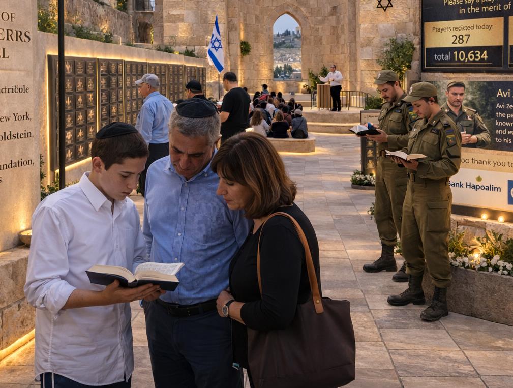 A family learning together beside the Garden of Heroes memorial wall