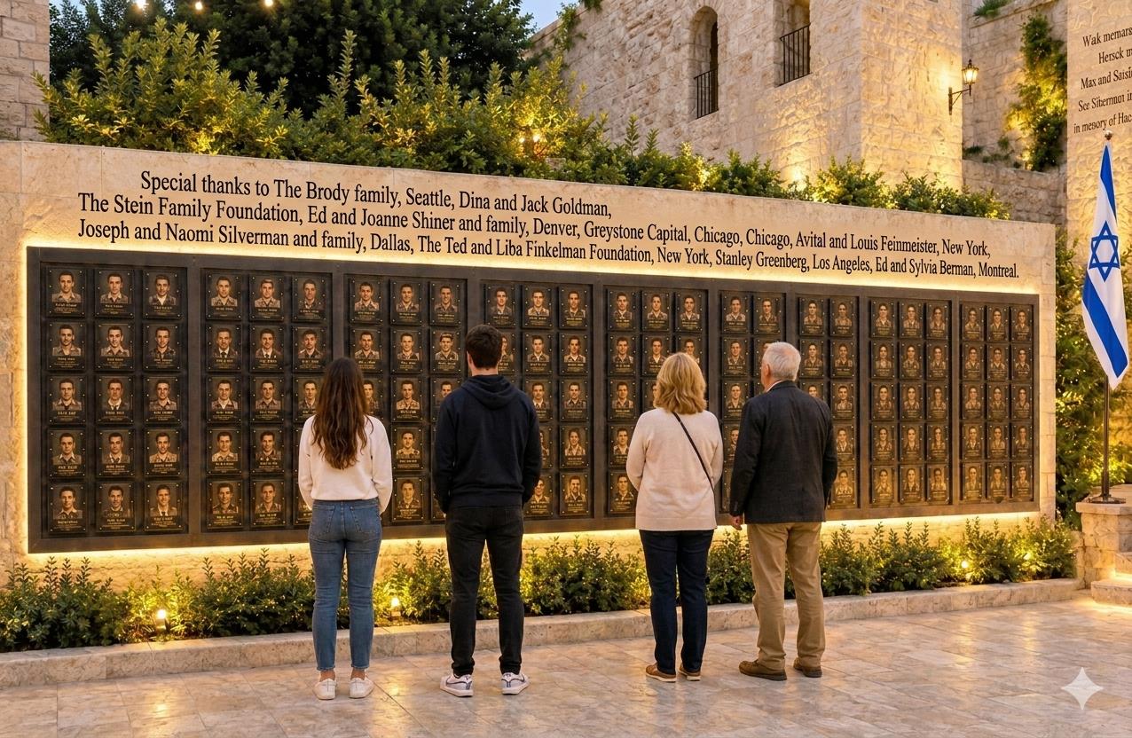 Visitors standing before the memorial wall of fallen heroes