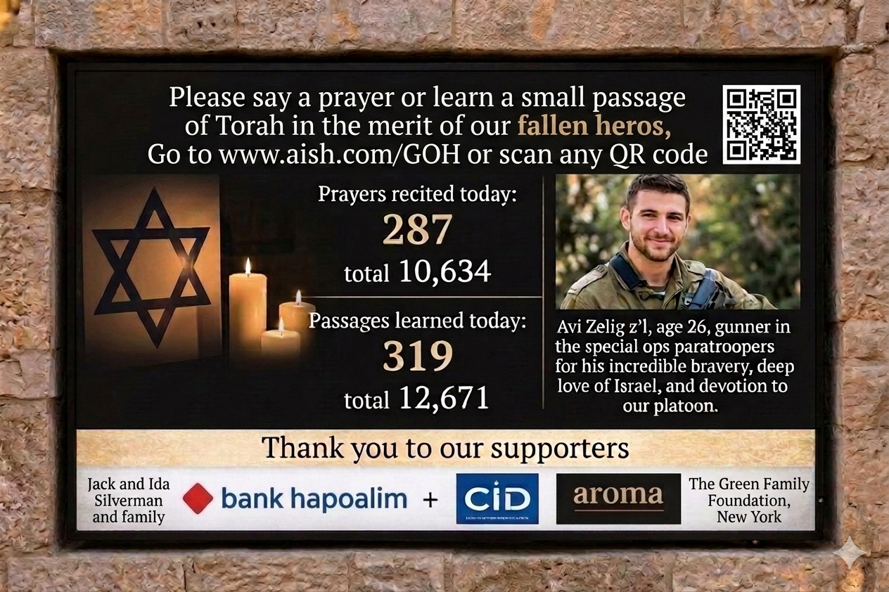 Digital memorial screen showing daily prayers recited, Torah passages learned, a fallen hero's profile, and supporters
