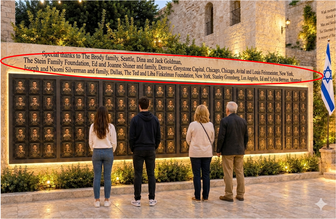 Silver donor families viewing a memorial wall of individual portrait plaques at the Garden of Heroes
